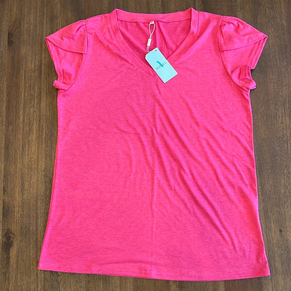 WIHOLL Womens Top V Neck Summer Petal Sleeve Casual Tshirts Pink Size L NWT